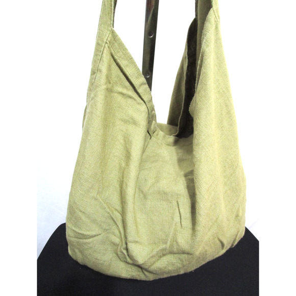 Large Plain Olive Green Linen Crossbody Hobo Bag - Picture 9 of 11